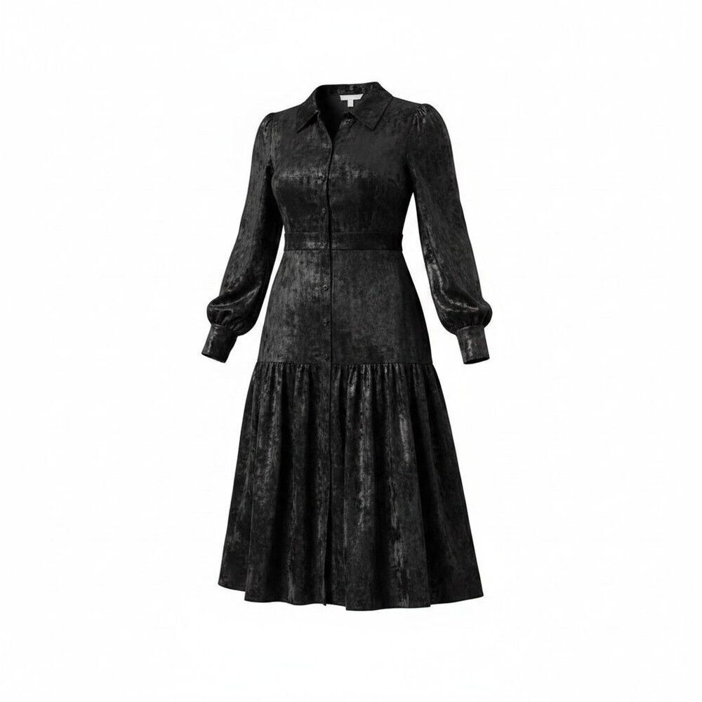 La Joie Women Metallic Silver On Black Linen Dress Midi Button Front Sz 12 NWT